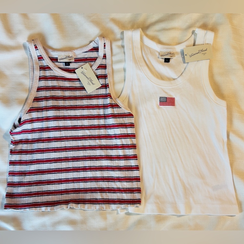 Universal Thread Women’s Tank Tops - Red Striped and White with Flag Size Large
